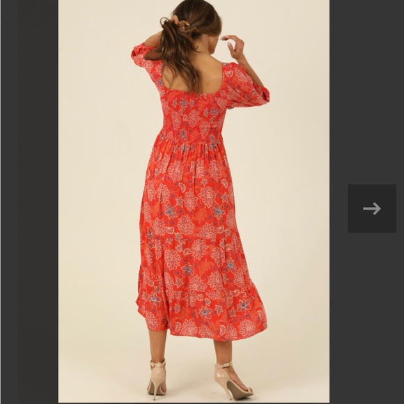 Angie Peasant Sleeve Red Print Maxi Dress M - Picture 3 of 12